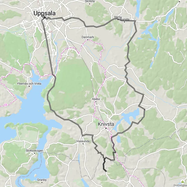 Kartminiatyr av "Spännande rundtur via Noors Slott och Uppsala slott" cykelinspiration i Östra Mellansverige, Sweden. Genererad av Tarmacs.app cykelruttplanerare