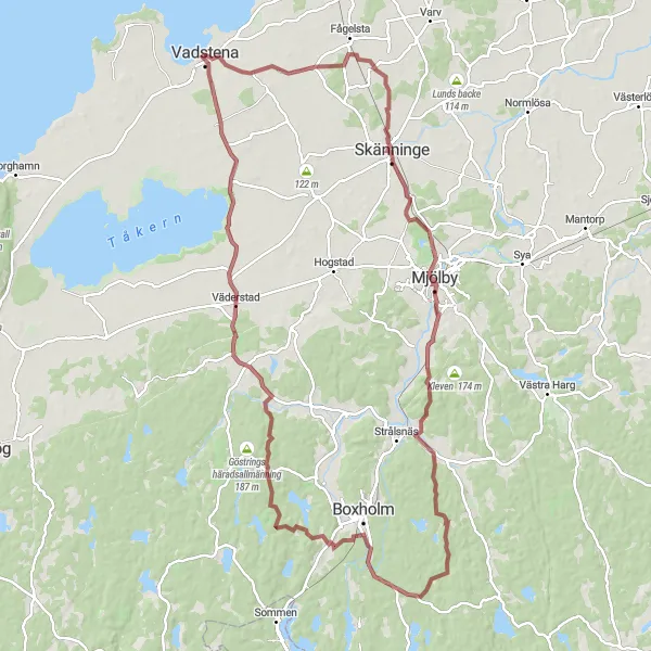 Map miniature of "Round-Trip through Vadstena and Skänninge on Gravel roads" cycling inspiration in Östra Mellansverige, Sweden. Generated by Tarmacs.app cycling route planner