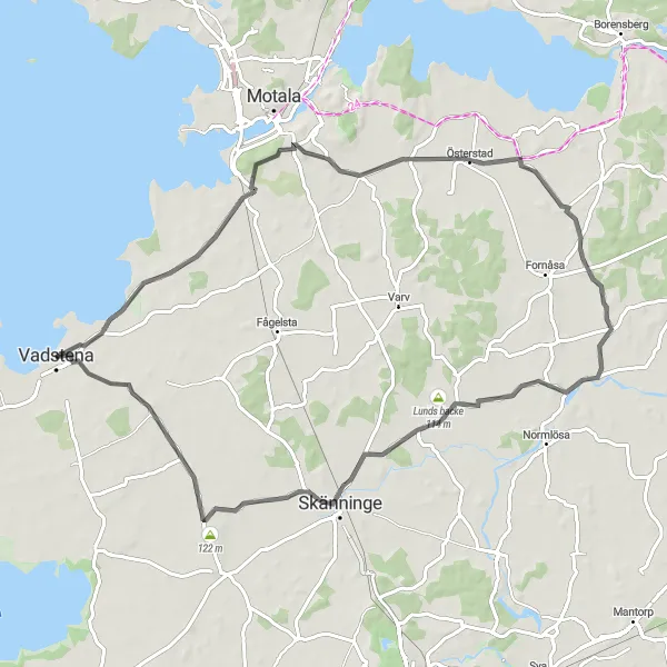 Map miniature of "Scenic Countryside Loop from Vadstena to Lunds backe" cycling inspiration in Östra Mellansverige, Sweden. Generated by Tarmacs.app cycling route planner