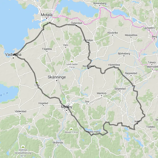 Kartminiatyr av "Utflykt till Mjölby" cykelinspiration i Östra Mellansverige, Sweden. Genererad av Tarmacs.app cykelruttplanerare