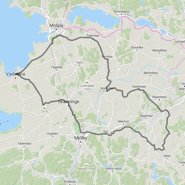 Map miniature of "Discovering Vadstena and Surrounding Countryside by Road Bike" cycling inspiration in Östra Mellansverige, Sweden. Generated by Tarmacs.app cycling route planner