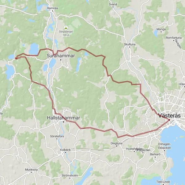 Map miniature of "The Gravel Wilderness" cycling inspiration in Östra Mellansverige, Sweden. Generated by Tarmacs.app cycling route planner