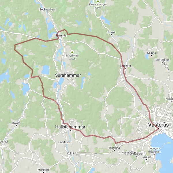Map miniature of "Västerås Gravel Adventure" cycling inspiration in Östra Mellansverige, Sweden. Generated by Tarmacs.app cycling route planner