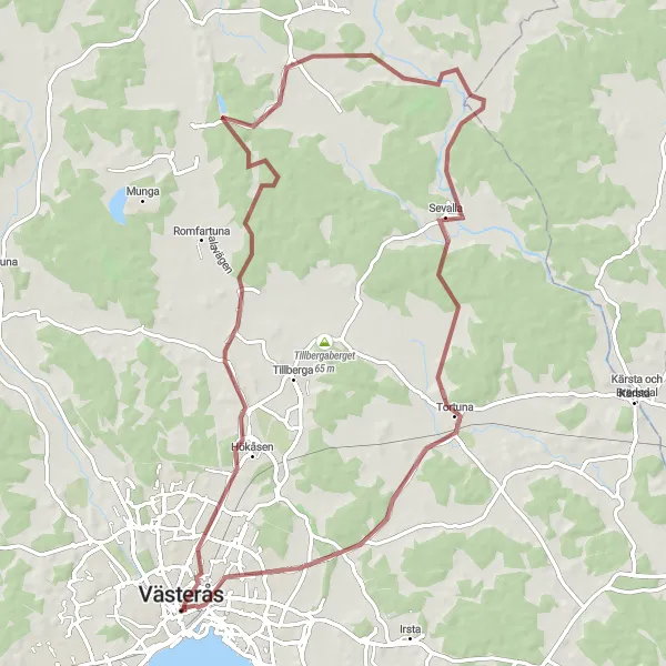 Map miniature of "Scenic Gravel Ride near Västerås" cycling inspiration in Östra Mellansverige, Sweden. Generated by Tarmacs.app cycling route planner