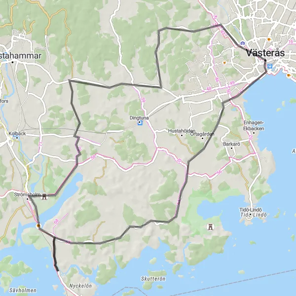 Map miniature of "Västerås and Stohagen Loop" cycling inspiration in Östra Mellansverige, Sweden. Generated by Tarmacs.app cycling route planner