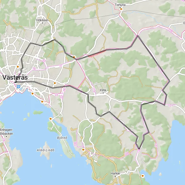 Map miniature of "Anundshög and Ändesta Loop" cycling inspiration in Östra Mellansverige, Sweden. Generated by Tarmacs.app cycling route planner