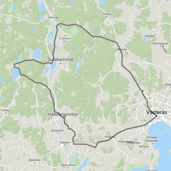 Kartminiatyr av "Långvägscykel genom Dingtuna och Västerås" cykelinspiration i Östra Mellansverige, Sweden. Genererad av Tarmacs.app cykelruttplanerare