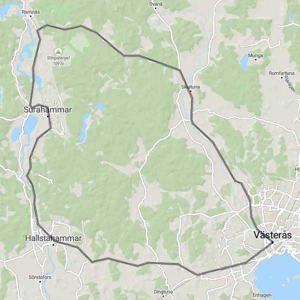 Map miniature of "Scenic Road Loop from Västerås" cycling inspiration in Östra Mellansverige, Sweden. Generated by Tarmacs.app cycling route planner