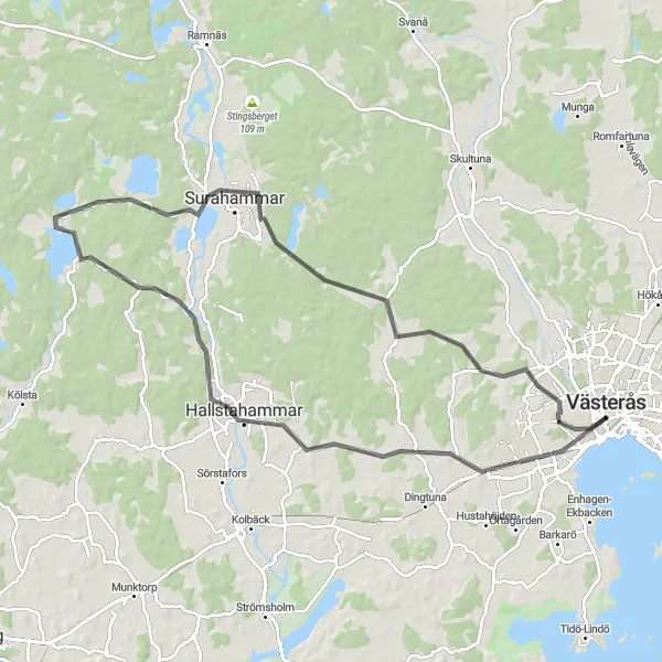 Map miniature of "Västerås Countryside Escape" cycling inspiration in Östra Mellansverige, Sweden. Generated by Tarmacs.app cycling route planner