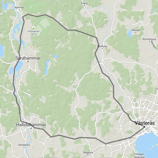 Kartminiatyr av "Vägar genom Hammarby Stadshage och Västerås" cykelinspiration i Östra Mellansverige, Sweden. Genererad av Tarmacs.app cykelruttplanerare