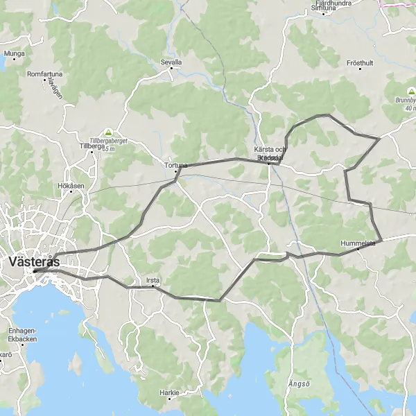 Kartminiatyr av "Vägcykling via Anundshög och Västerås" cykelinspiration i Östra Mellansverige, Sweden. Genererad av Tarmacs.app cykelruttplanerare