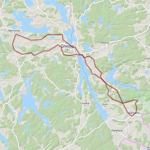 Map miniature of "Gnesta and Björnlunda Loop" cycling inspiration in Östra Mellansverige, Sweden. Generated by Tarmacs.app cycling route planner