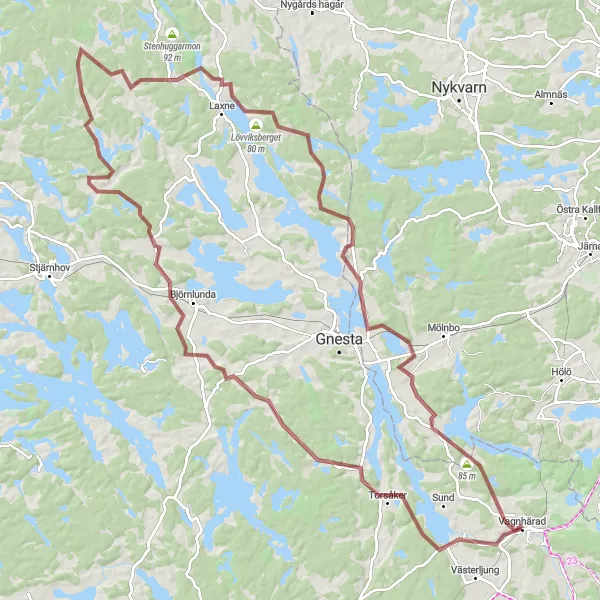 Kartminiatyr av "Grusvägar runt Vagnhärad och Ehrendal" cykelinspiration i Östra Mellansverige, Sweden. Genererad av Tarmacs.app cykelruttplanerare