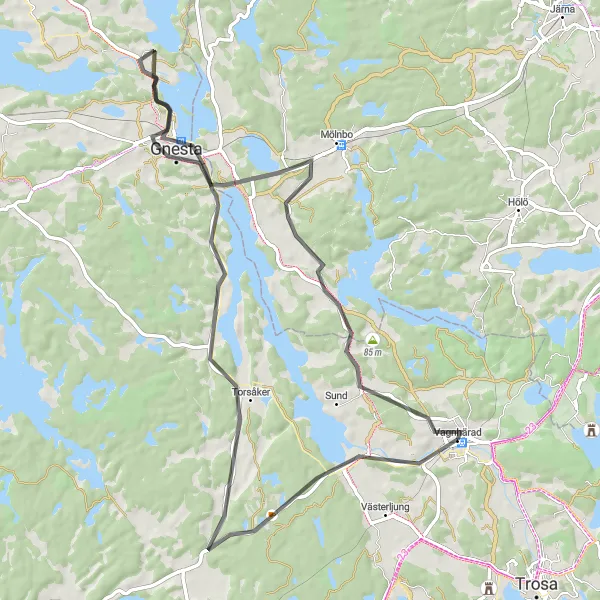 Map miniature of "Vagnhärad Loop" cycling inspiration in Östra Mellansverige, Sweden. Generated by Tarmacs.app cycling route planner