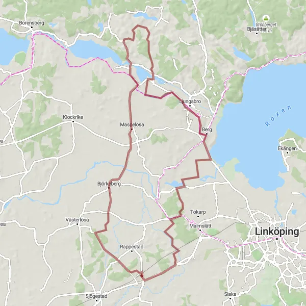 Map miniature of "Gravel Adventure: Björkeberg to Ljungs slott to Berg to Lagerlunda" cycling inspiration in Östra Mellansverige, Sweden. Generated by Tarmacs.app cycling route planner