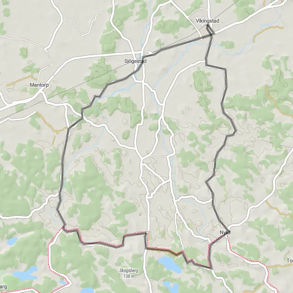 Map miniature of "Vikingstad to Nykil to Skogsberg Loop" cycling inspiration in Östra Mellansverige, Sweden. Generated by Tarmacs.app cycling route planner