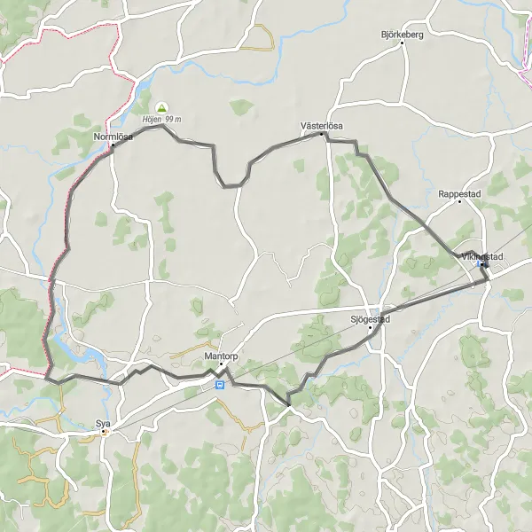 Map miniature of "Vikingstad to Mantorp to Höjen to Västerlösa Loop" cycling inspiration in Östra Mellansverige, Sweden. Generated by Tarmacs.app cycling route planner