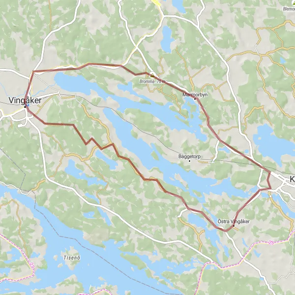 Map miniature of "Vingåker Gravel Experience" cycling inspiration in Östra Mellansverige, Sweden. Generated by Tarmacs.app cycling route planner