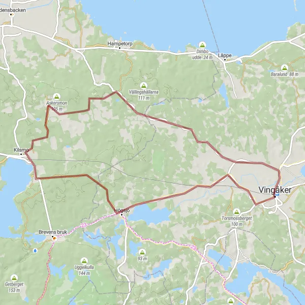 Map miniature of "Kilsmo Gravel Ride" cycling inspiration in Östra Mellansverige, Sweden. Generated by Tarmacs.app cycling route planner