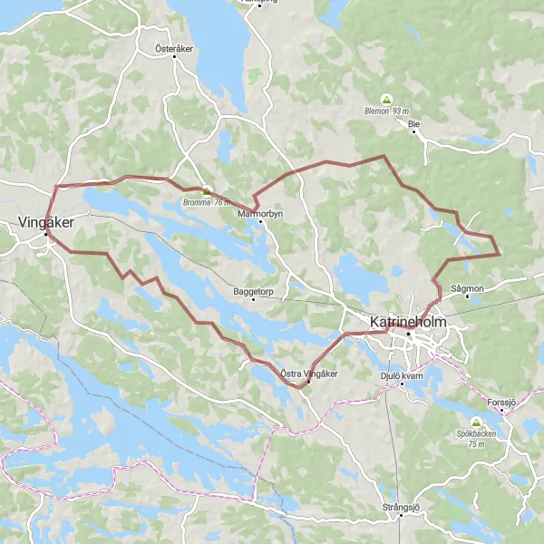 Kartminiatyr av "Säfstaholms slott till Östra Vingåker Grusvägscykling" cykelinspiration i Östra Mellansverige, Sweden. Genererad av Tarmacs.app cykelruttplanerare