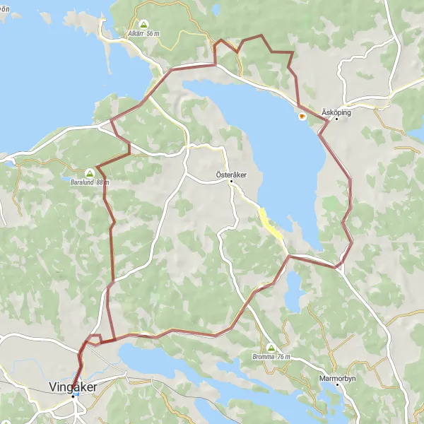 Kartminiatyr av "Äventyrlig grusväg till Baralund och Stenkullen" cykelinspiration i Östra Mellansverige, Sweden. Genererad av Tarmacs.app cykelruttplanerare