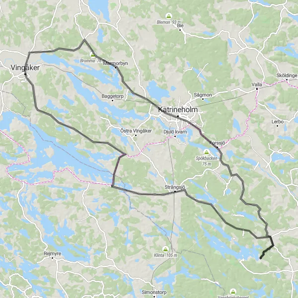 Kartminiatyr av "Vingåker till Katrineholm Landsvägscykling Äventyr" cykelinspiration i Östra Mellansverige, Sweden. Genererad av Tarmacs.app cykelruttplanerare