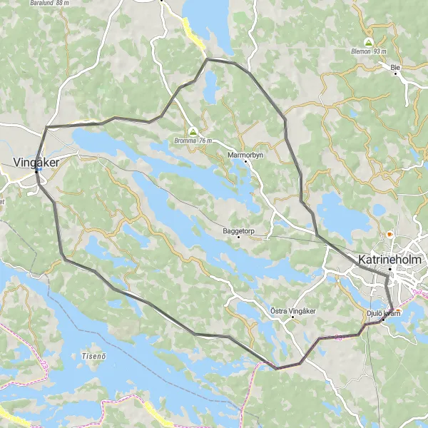 Kartminiatyr av "Vingåker till Katrineholm Landsvägscykling" cykelinspiration i Östra Mellansverige, Sweden. Genererad av Tarmacs.app cykelruttplanerare