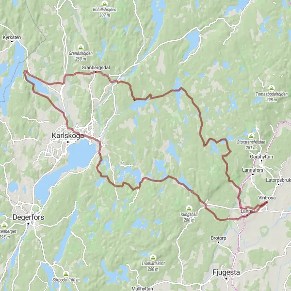 Map miniature of "Villingsberg and Granbergsdals hytta Gravel Loop" cycling inspiration in Östra Mellansverige, Sweden. Generated by Tarmacs.app cycling route planner