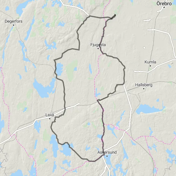 Map miniature of "Road Cycling Adventure to Fjugesta, Vretstorp, Spjuthultsmossen, Hasselfors, and Mullhyttan" cycling inspiration in Östra Mellansverige, Sweden. Generated by Tarmacs.app cycling route planner