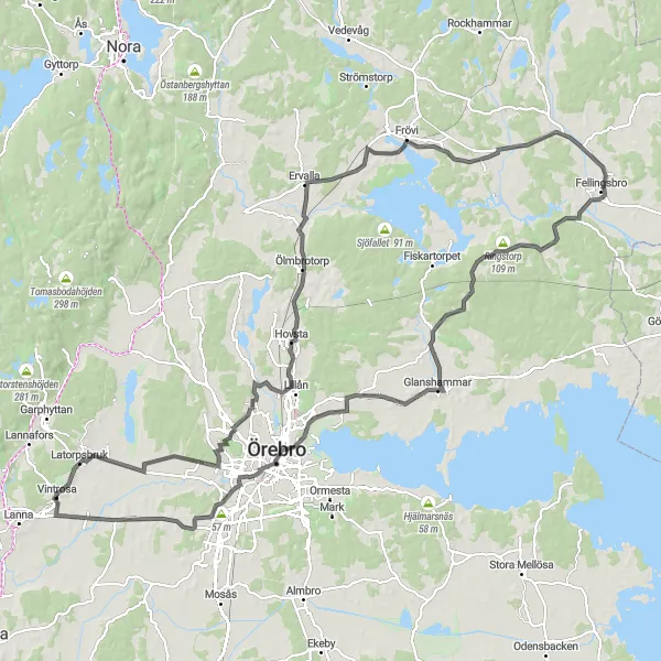 Map miniature of "Scenic Örebro Loop" cycling inspiration in Östra Mellansverige, Sweden. Generated by Tarmacs.app cycling route planner
