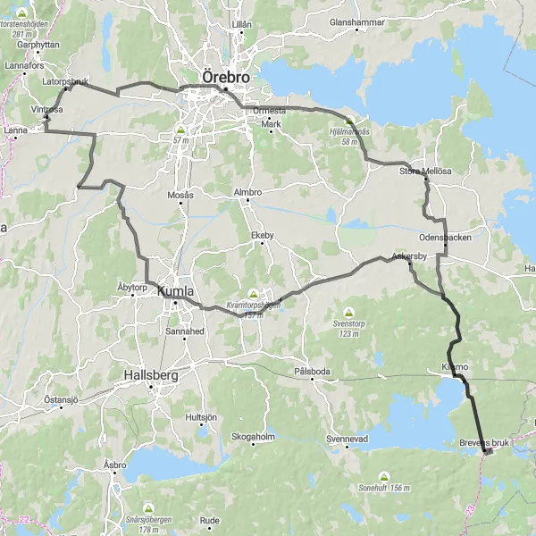 Kartminiatyr av "Slott och Natursköna Utsikter på Vägcykelresa" cykelinspiration i Östra Mellansverige, Sweden. Genererad av Tarmacs.app cykelruttplanerare