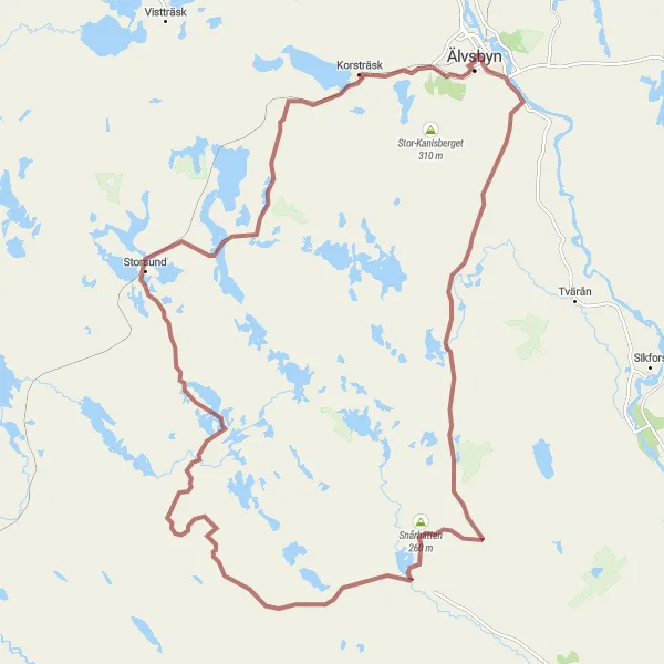 Map miniature of "Älvsbyn Gravel Expedition" cycling inspiration in Övre Norrland, Sweden. Generated by Tarmacs.app cycling route planner