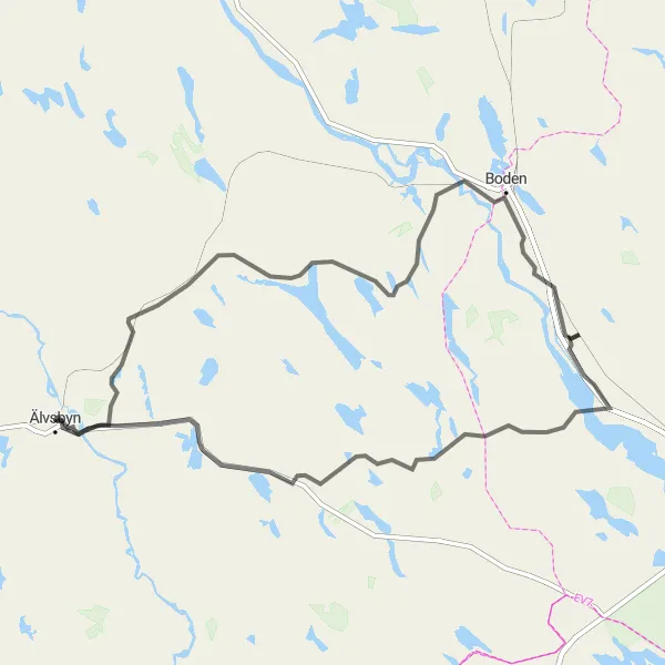 Map miniature of "Älvsbyn Loop" cycling inspiration in Övre Norrland, Sweden. Generated by Tarmacs.app cycling route planner