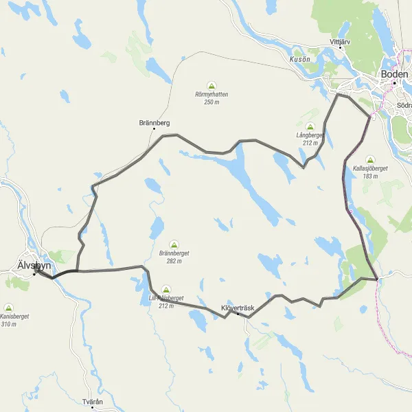 Kartminiatyr av "Bergträskberget och Norra byn" cykelinspiration i Övre Norrland, Sweden. Genererad av Tarmacs.app cykelruttplanerare