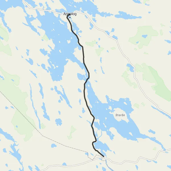 Map miniature of "Arjeplog and Slagnäs Loop" cycling inspiration in Övre Norrland, Sweden. Generated by Tarmacs.app cycling route planner