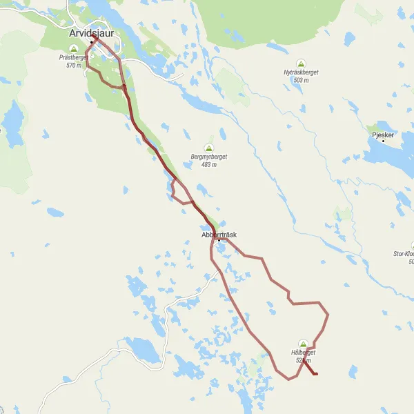 Kartminiatyr av "Grusa vägar genom Arjeplogs fjällvärld" cykelinspiration i Övre Norrland, Sweden. Genererad av Tarmacs.app cykelruttplanerare