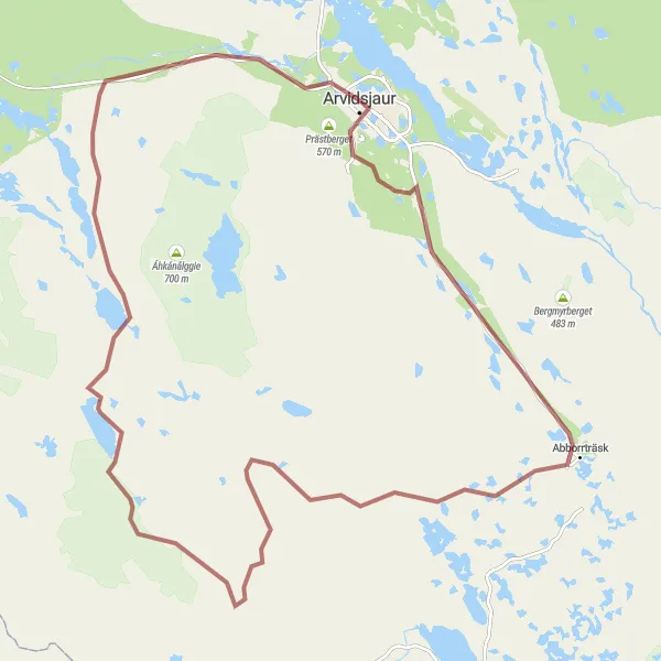 Kartminiatyr av "Äventyrlig grustur genom Arjeplogs vildmarker" cykelinspiration i Övre Norrland, Sweden. Genererad av Tarmacs.app cykelruttplanerare
