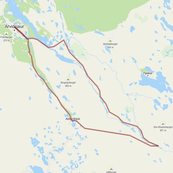 Kartminiatyr av "Grusväg cykeltur från Arvidsjaur" cykelinspiration i Övre Norrland, Sweden. Genererad av Tarmacs.app cykelruttplanerare