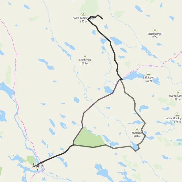 Kartminiatyr av "Åsele - Tallberg - Brännmyrkullen - Skillingsåsen - Borgsjö Runt" cykelinspiration i Övre Norrland, Sweden. Genererad av Tarmacs.app cykelruttplanerare