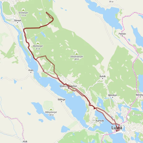 Map miniature of "Luleå and Bergviken Gravel Route" cycling inspiration in Övre Norrland, Sweden. Generated by Tarmacs.app cycling route planner