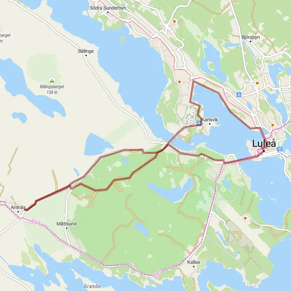 Kartminiatyr av "Bergnäsgrusvägen Loop" cykelinspiration i Övre Norrland, Sweden. Genererad av Tarmacs.app cykelruttplanerare