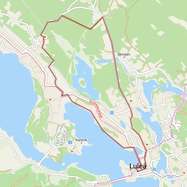 Kartminiatyr av "Luleå till Bergviken och tillbaka" cykelinspiration i Övre Norrland, Sweden. Genererad av Tarmacs.app cykelruttplanerare