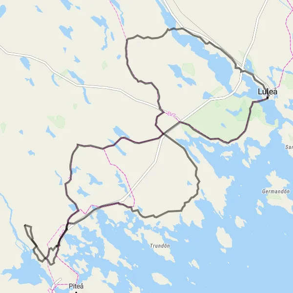 Map miniature of "Ersnäs and Notviken Road Route" cycling inspiration in Övre Norrland, Sweden. Generated by Tarmacs.app cycling route planner