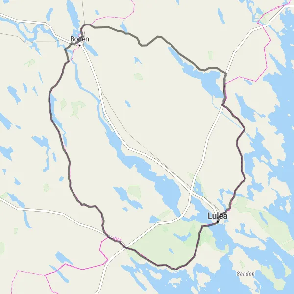 Kartminiatyr av "Luleå till Mjösjöberget och tillbaka" cykelinspiration i Övre Norrland, Sweden. Genererad av Tarmacs.app cykelruttplanerare