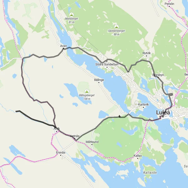 Map miniature of "Adventure Through Gammelstad" cycling inspiration in Övre Norrland, Sweden. Generated by Tarmacs.app cycling route planner