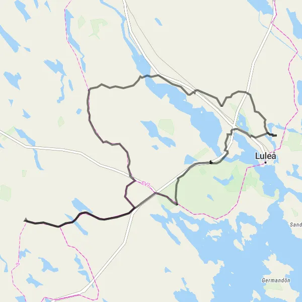 Map miniature of "Northern Countryside Ride" cycling inspiration in Övre Norrland, Sweden. Generated by Tarmacs.app cycling route planner