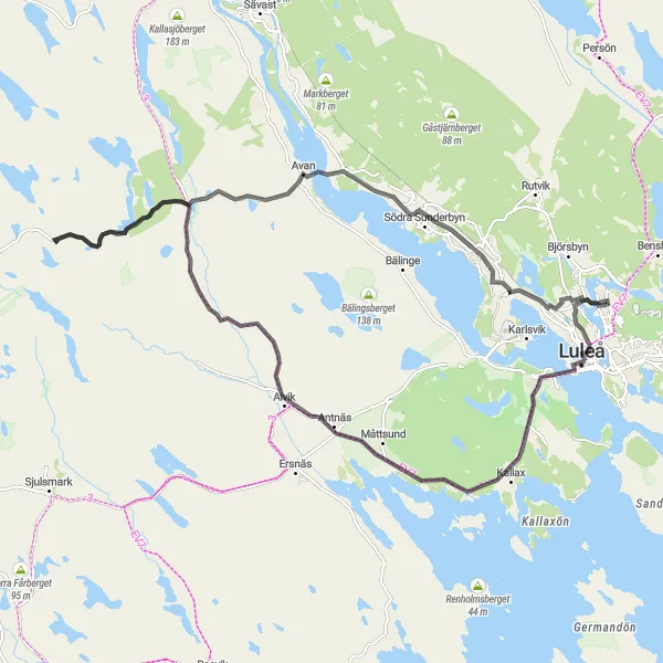 Kartminiatyr av "Luleå - Selet Road Trip" cykelinspiration i Övre Norrland, Sweden. Genererad av Tarmacs.app cykelruttplanerare