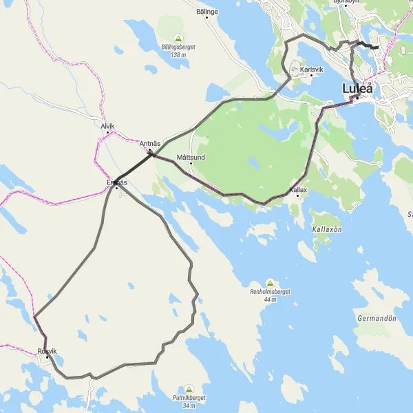 Map miniature of "Luleå Road Challenge" cycling inspiration in Övre Norrland, Sweden. Generated by Tarmacs.app cycling route planner