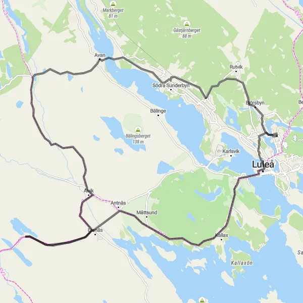 Kartminiatyr av "Luleå till Porsön Cykelresa" cykelinspiration i Övre Norrland, Sweden. Genererad av Tarmacs.app cykelruttplanerare