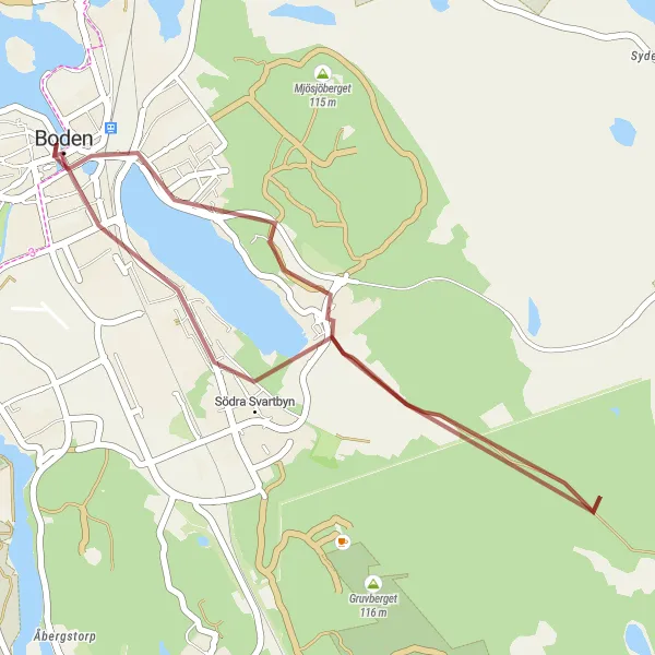 Kartminiatyr av "Kort grusväg till Boden" cykelinspiration i Övre Norrland, Sweden. Genererad av Tarmacs.app cykelruttplanerare